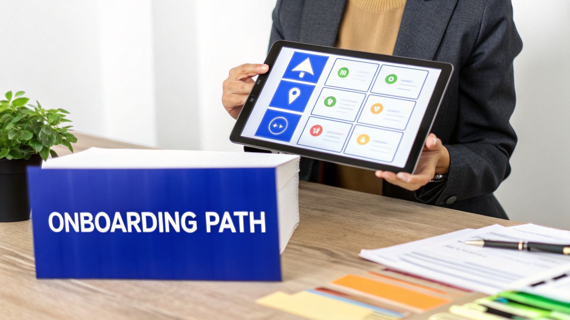 A person holds a tablet displaying an onboarding path graphic, next to a blue sign and papers.