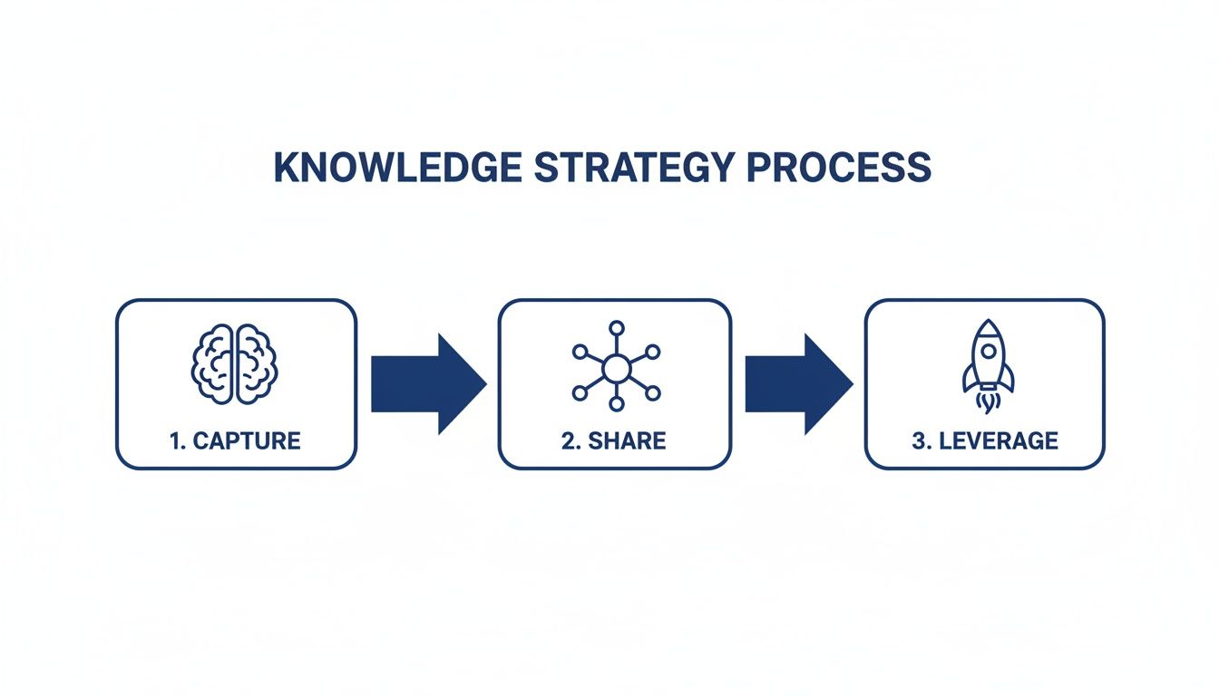Infographic showing a three-step knowledge strategy process: capture, share, and leverage.