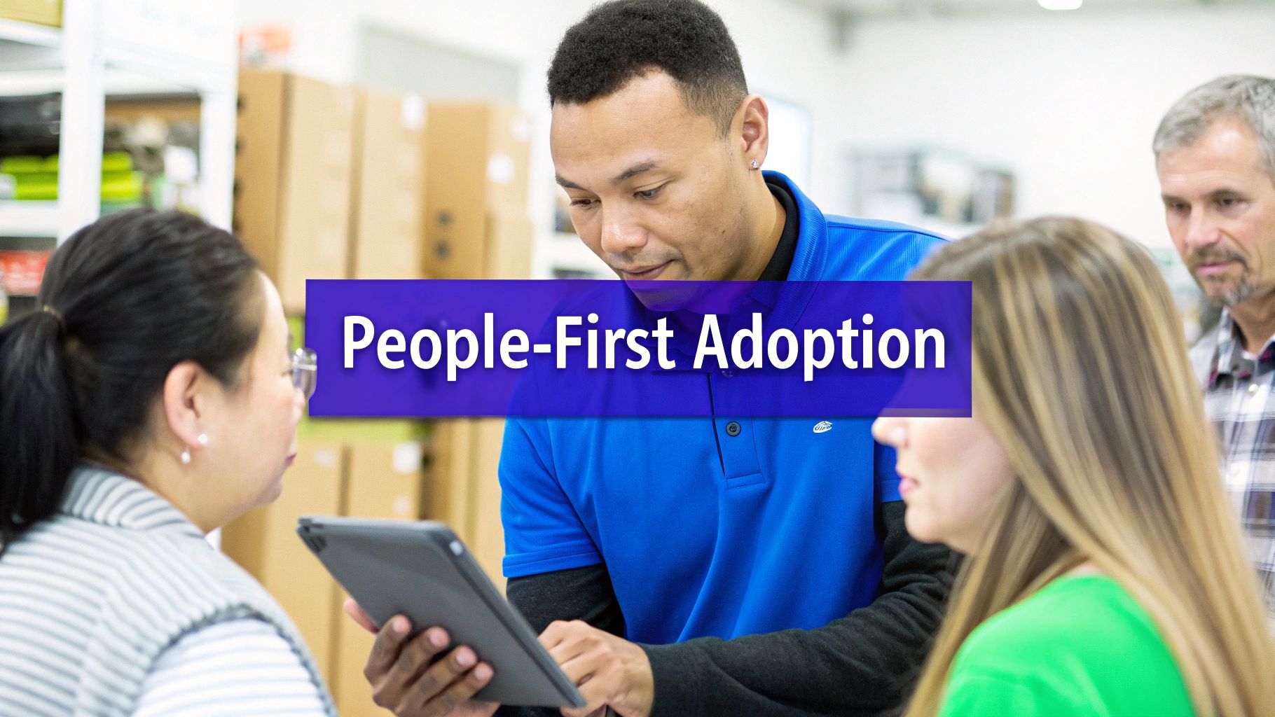 A man in a blue shirt holding a tablet, interacting with a woman, with a 'People-First Adoption' banner.