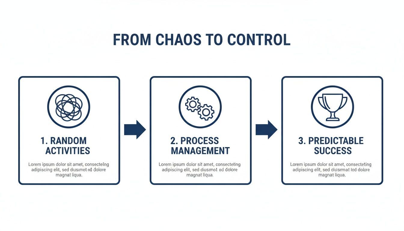 An infographic illustrating the transformation from random activities to predictable success via process management.