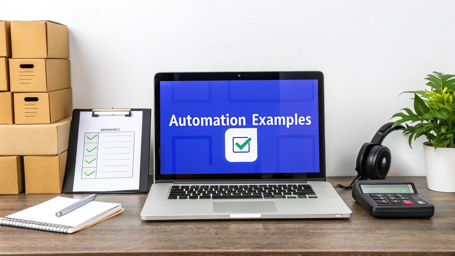 A laptop displays 'Automation Examples' on a desk with a checklist, boxes, and office tools.