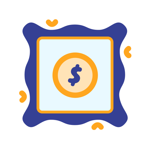 Illustration of a framed coin icon with a dollar symbol in the center, surrounded by blue and orange decorative elements, perfect for onboarding materials or process documentation visuals.