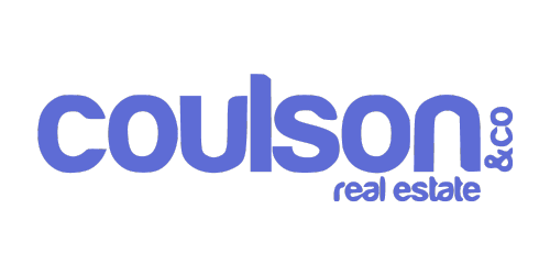 Blue and white logo for Coulson & Co, a real estate company, featuring the name in large, lowercase letters. The design subtly incorporates elements of process documentation and training for real estate professionals.
