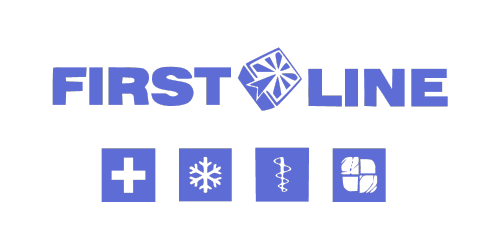 Logo of "First Line" with four icons below: a cross, a snowflake, a caduceus, and a grid of squares.