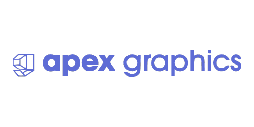 Logo of Apex Graphics featuring a blue, stylized cube design on the left and the company name in lowercase blue letters on the right.