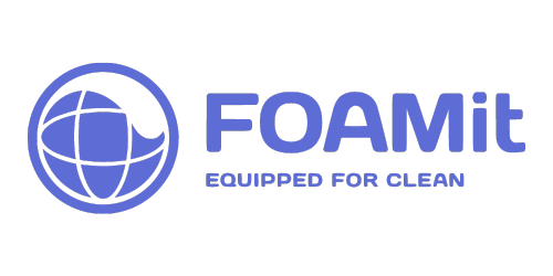 A logo with a blue globe design and the text "FOAMit" in blue. Below "FOAMit," the text reads, "EQUIPPED FOR CLEAN."
