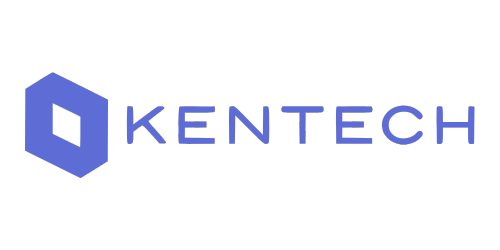 Logo of Kentech with a blue geometric hexagon icon and blue text on a transparent background.