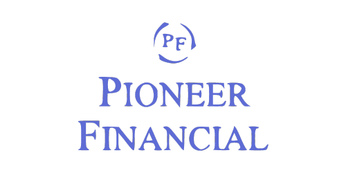 Logo of Pioneer Financial featuring the initials "PF" inside a circular design above the company name written in blue text.
