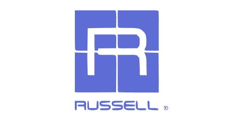 The image shows a logo with the text "RUSSELL" below a stylized letter "R" formed by four purple quadrants.
