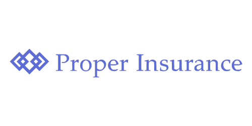 Logo for Proper Insurance. The logo features a geometric design on the left, consisting of three interconnected diamond shapes. To the right, blue text reads "Proper Insurance.
