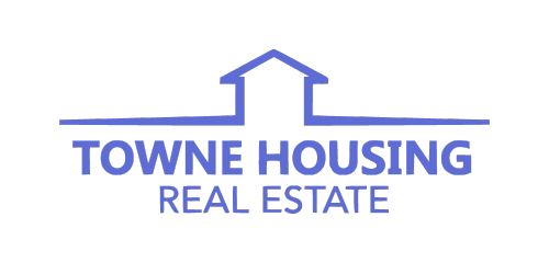 Blue logo of Towne Housing Real Estate, featuring a stylized house roof design above the company name.
