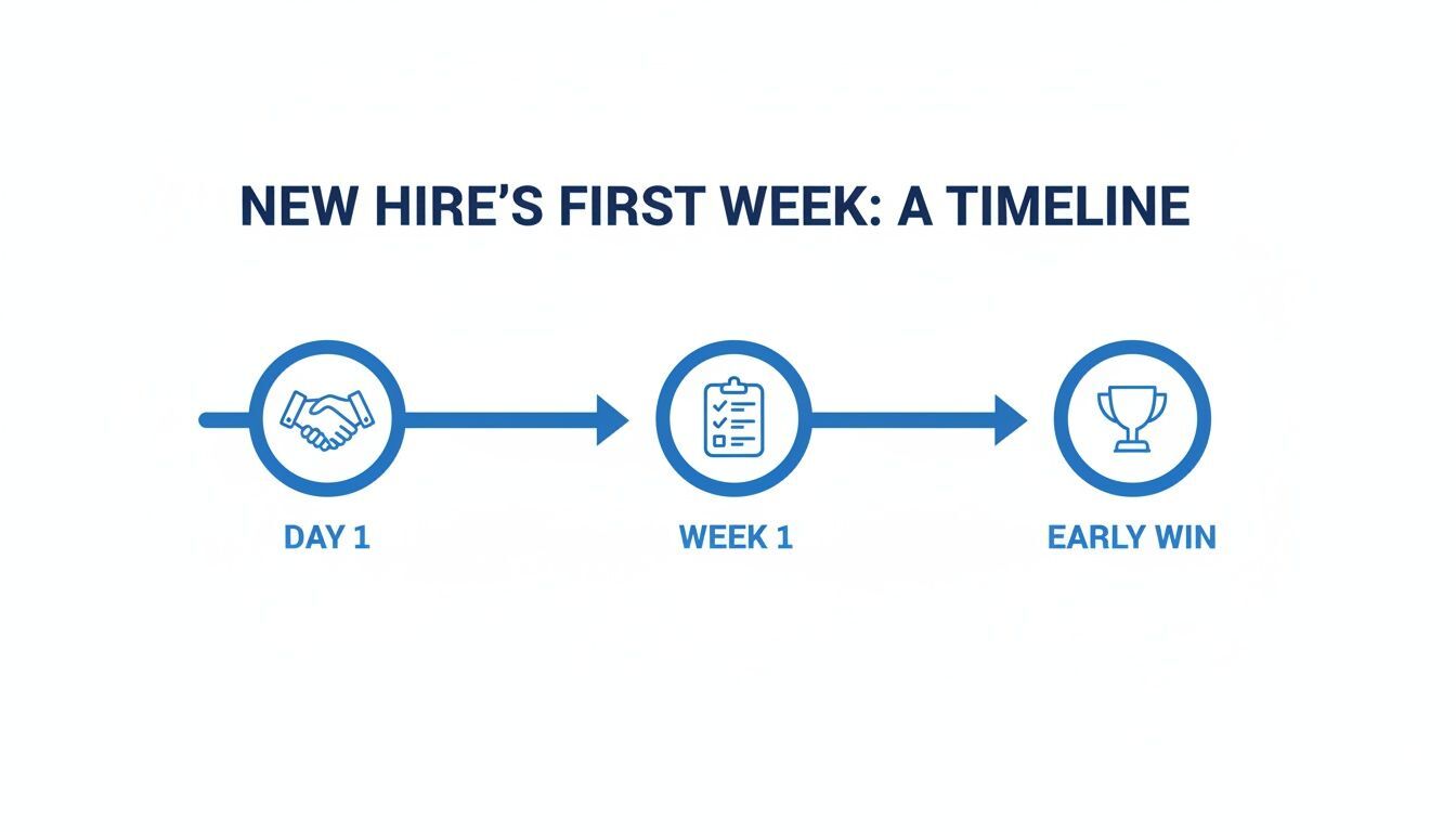 A timeline illustrating a new hire's first week, from day one to achieving an early win.