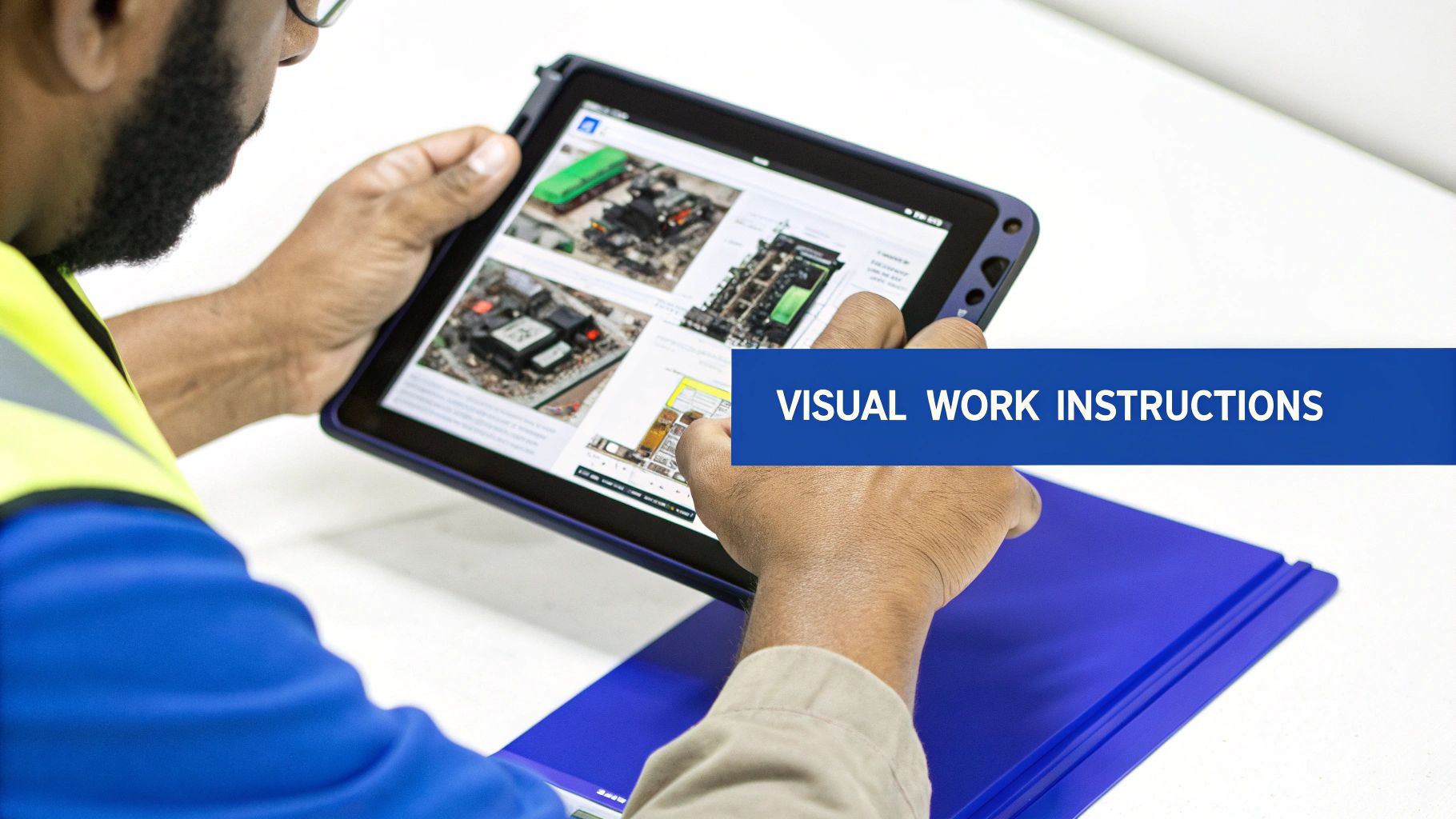 A worker in a safety vest holds a tablet displaying visual work instructions and technical diagrams.