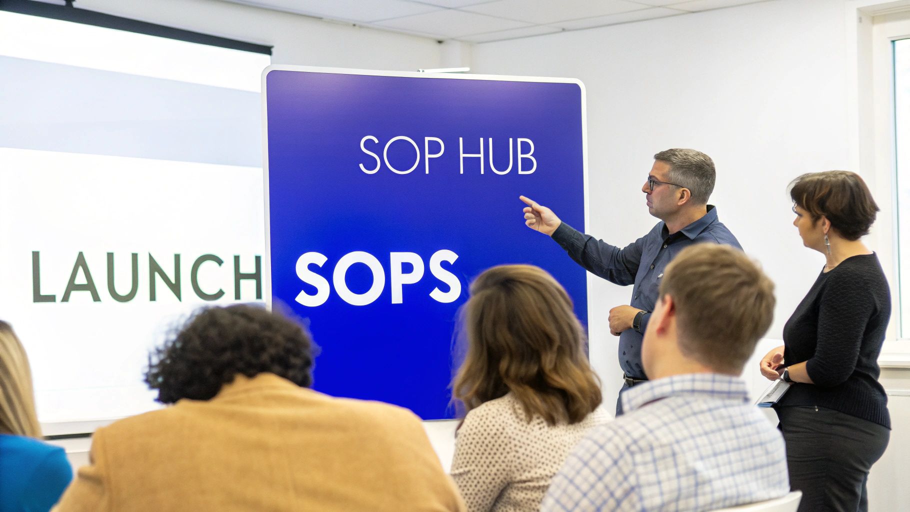 A man presents 'SOP Hub' and 'SOPS' on a blue board to an audience during a business meeting.