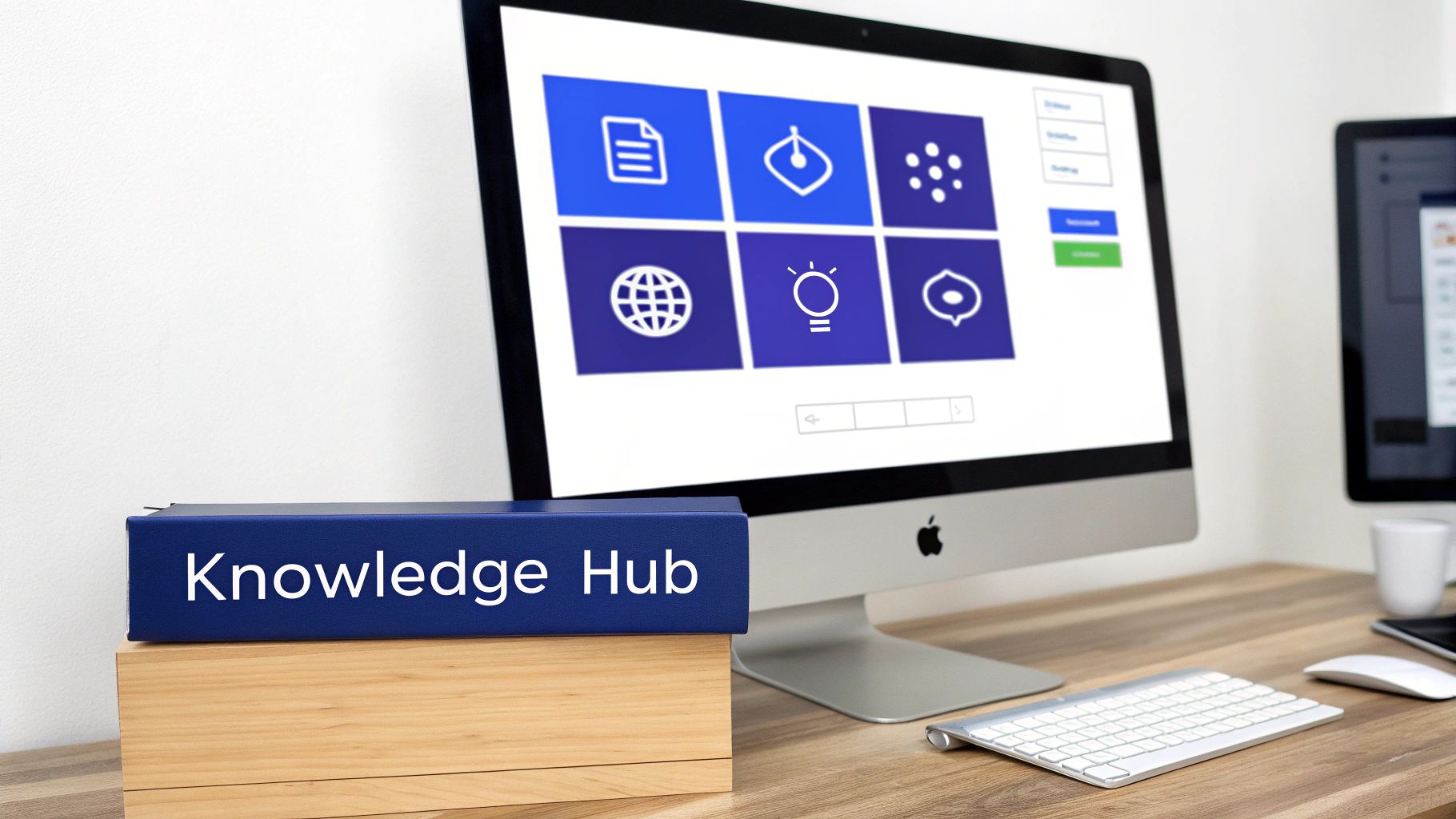 A blue 'Knowledge Hub' binder on a wooden box with a desktop computer showing icons.