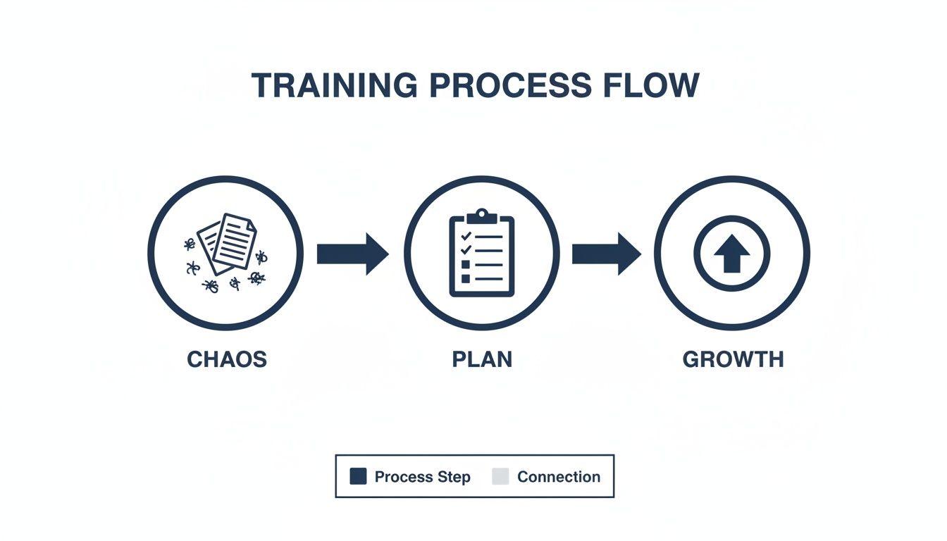 A training process flow diagram showing steps: Chaos, Plan, and Growth, connected by arrows.