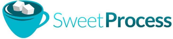 Logo with a blue cup containing two sugar cubes on the left, and the text "SweetProcess" in turquoise and dark blue to the right, evoking the essence of streamlined SOPs and efficient onboarding.