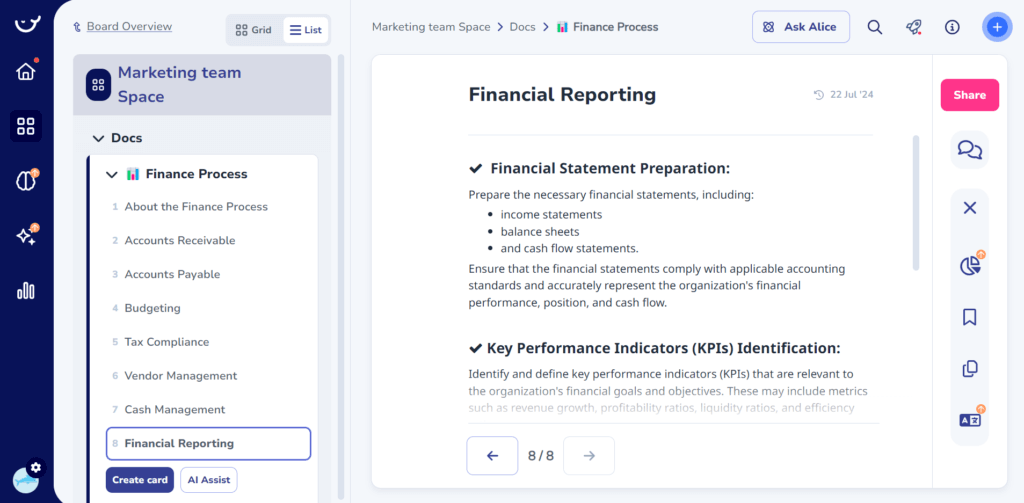 A screenshot of a web-based project management tool displays the "Financial Reporting" section within the “Finance Process” category, seamlessly integrated with process documentation in the "Marketing Team Space.