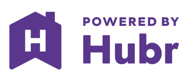 Purple logo featuring a house icon with the letter "H" inside and text to the right reading "Powered by Hubr," designed to streamline onboarding and employee training.