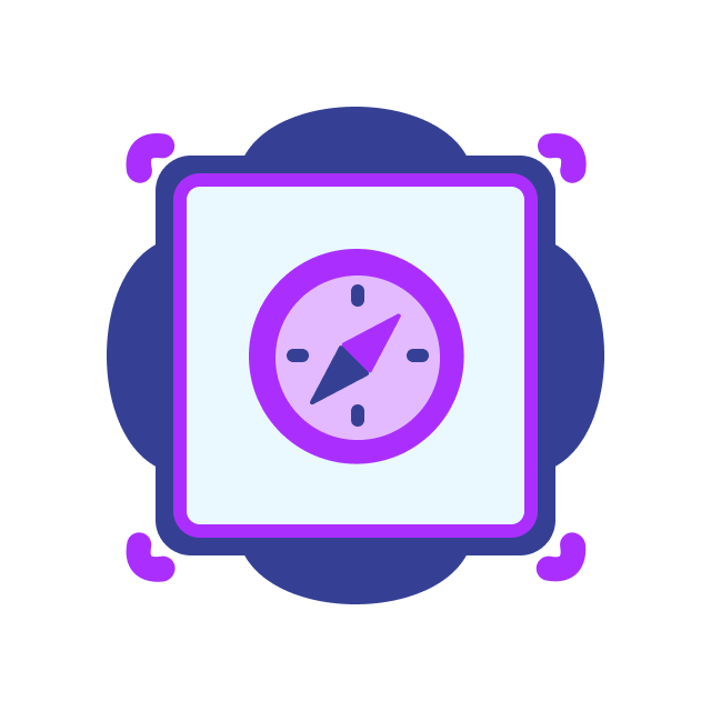 A purple compass icon is centered within a square, layered over a blue rounded diamond shape with four corner accents, symbolizing streamlined employee training.