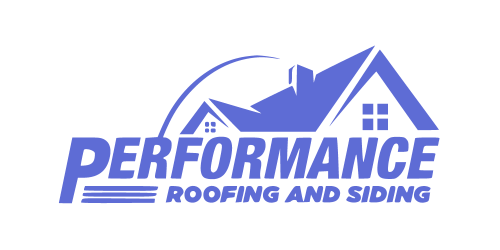 Logo for Performance Roofing and Siding featuring the company name with an illustration of a house roof in blue tones, capturing the essence of the roofing industry.