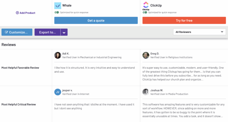 Whale versus ClickUp on G2