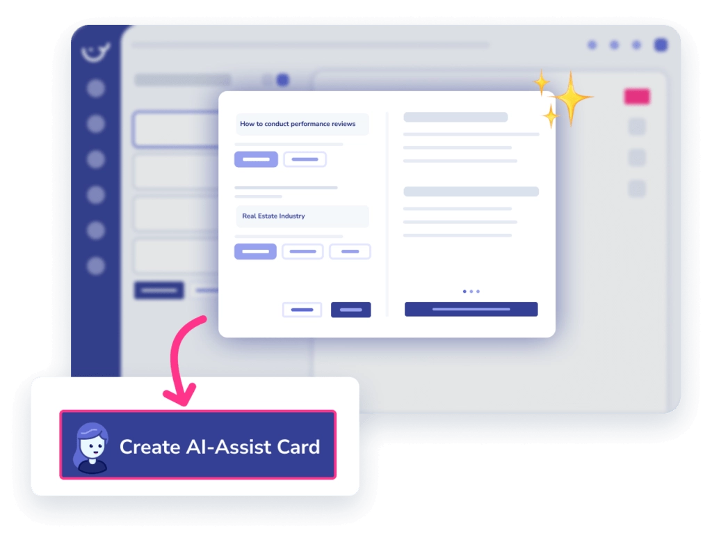 A screenshot features a form for creating an "AI-Assist Card." A highlighted section with an icon and text reads "Create AI-Assist Card," indicated by a pink arrow.