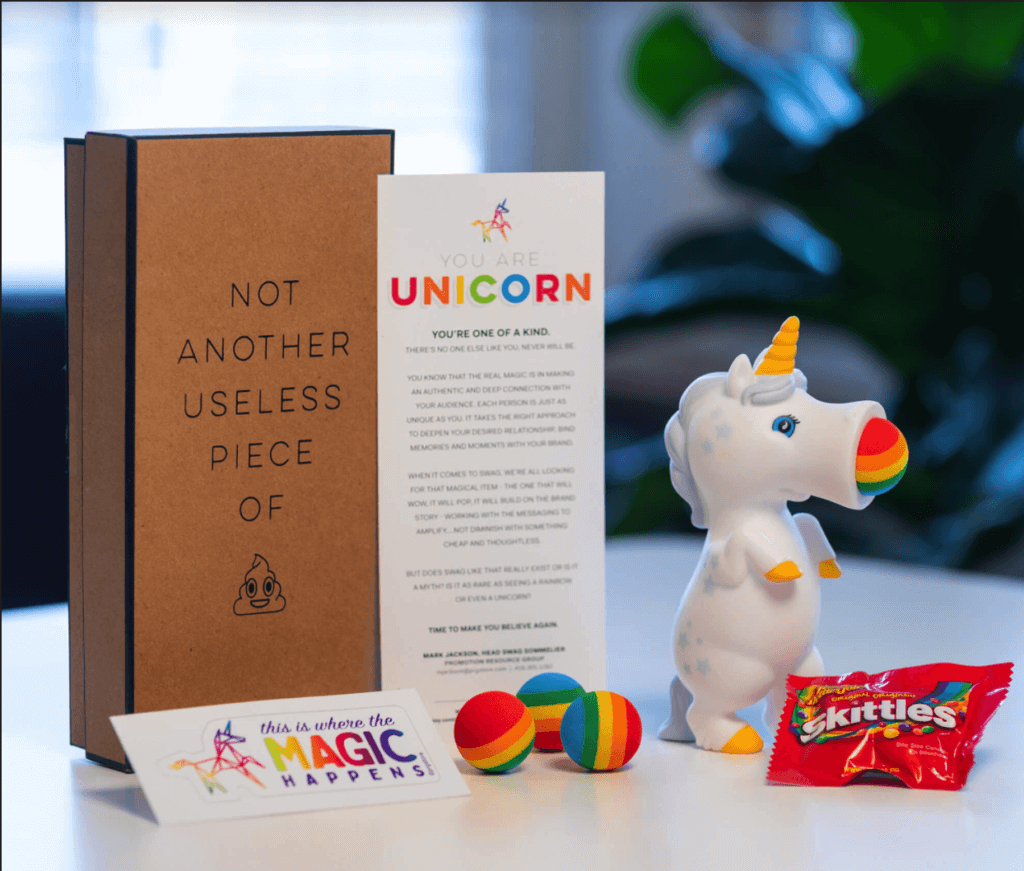 A box containing a unicorn figurine and a box of candy is being processed.