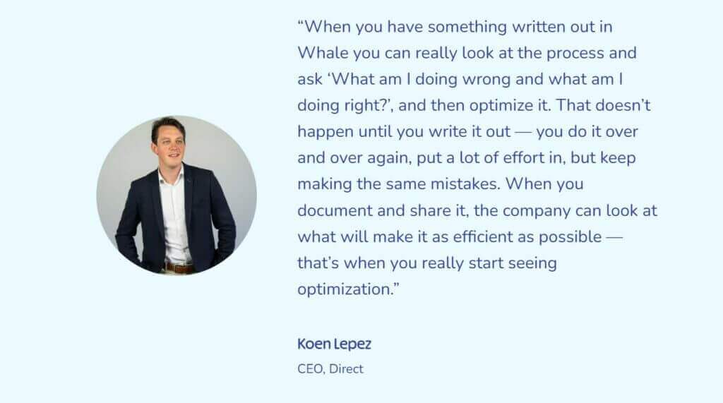 An image of a man utilizing the EOS® Process Component™ while wearing a blue shirt and sharing a quote.