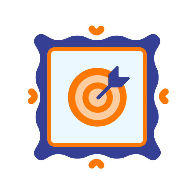 A blue-framed icon of an orange and white target with an arrow in the bullseye, symbolizing precise employee training. Orange decorative accents are around the frame.