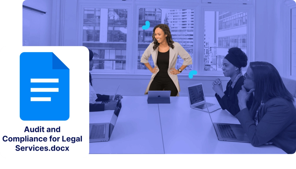 A woman stands confidently at the head of a conference table during a meeting, exuding authority in compliance matters, with colleagues seated and laptops open. A document icon titled "Audit and Compliance for Legal Services" is prominently displayed.
