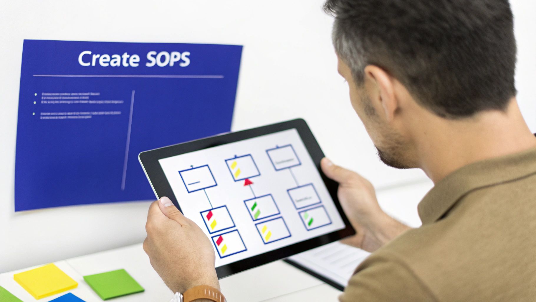 A person reviews a digital process flowchart on a tablet, with a 'Create SOPS' poster in the background.