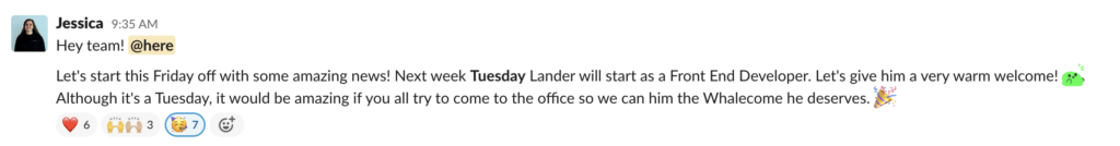 A screenshot showcasing a slack message about new employee onboarding.