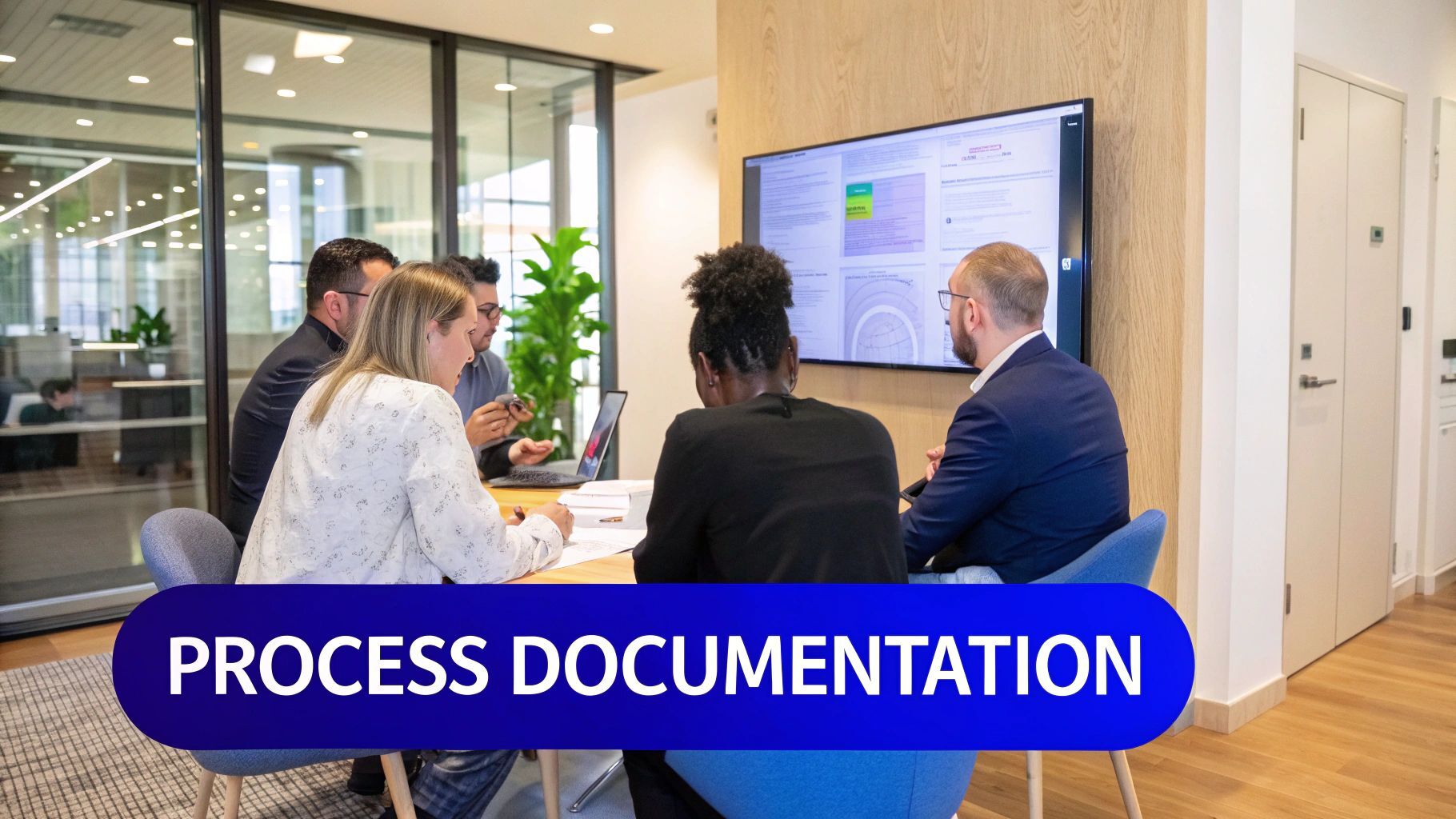 Modern office environment with flowchart diagrams