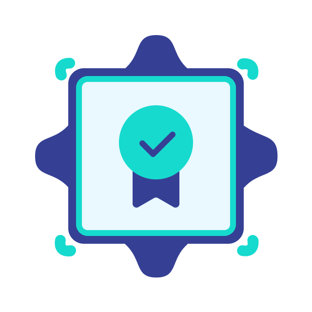 A green and blue badge icon with a checkmark in the center, contained within a square with rounded corners and decorative edges, ideal for indicating completion of employee training.