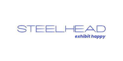 Logo displaying the text "Steelhead" in large blue letters, with the smaller tagline "exhibit happy" underneath.