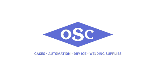 A logo features the text "oSc" in black within a blue diamond shape. Below the diamond, the words "Gases • Automation • Dry Ice • Welding Supplies" are displayed in blue text.