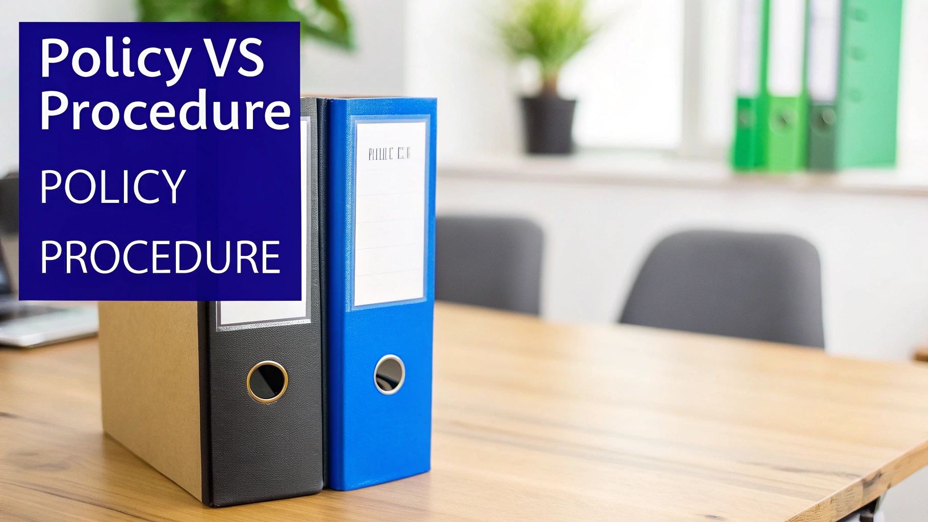 Text 'Policy VS Procedure' on a blue overlay with office binders on a wooden desk.