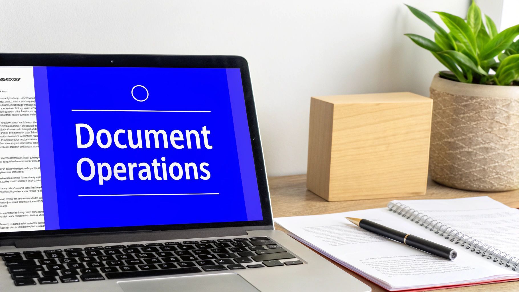 A laptop displaying 'Document Operations' on a blue screen, next to office supplies and a plant.