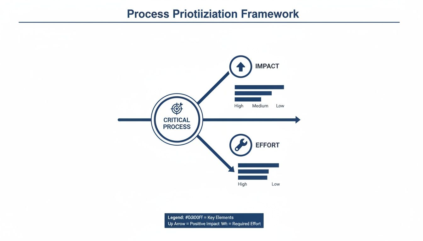 A Process Prioritization Framework diagram shows a Critical Process evaluated by Impact (high, medium, low) and Effort (high, low).