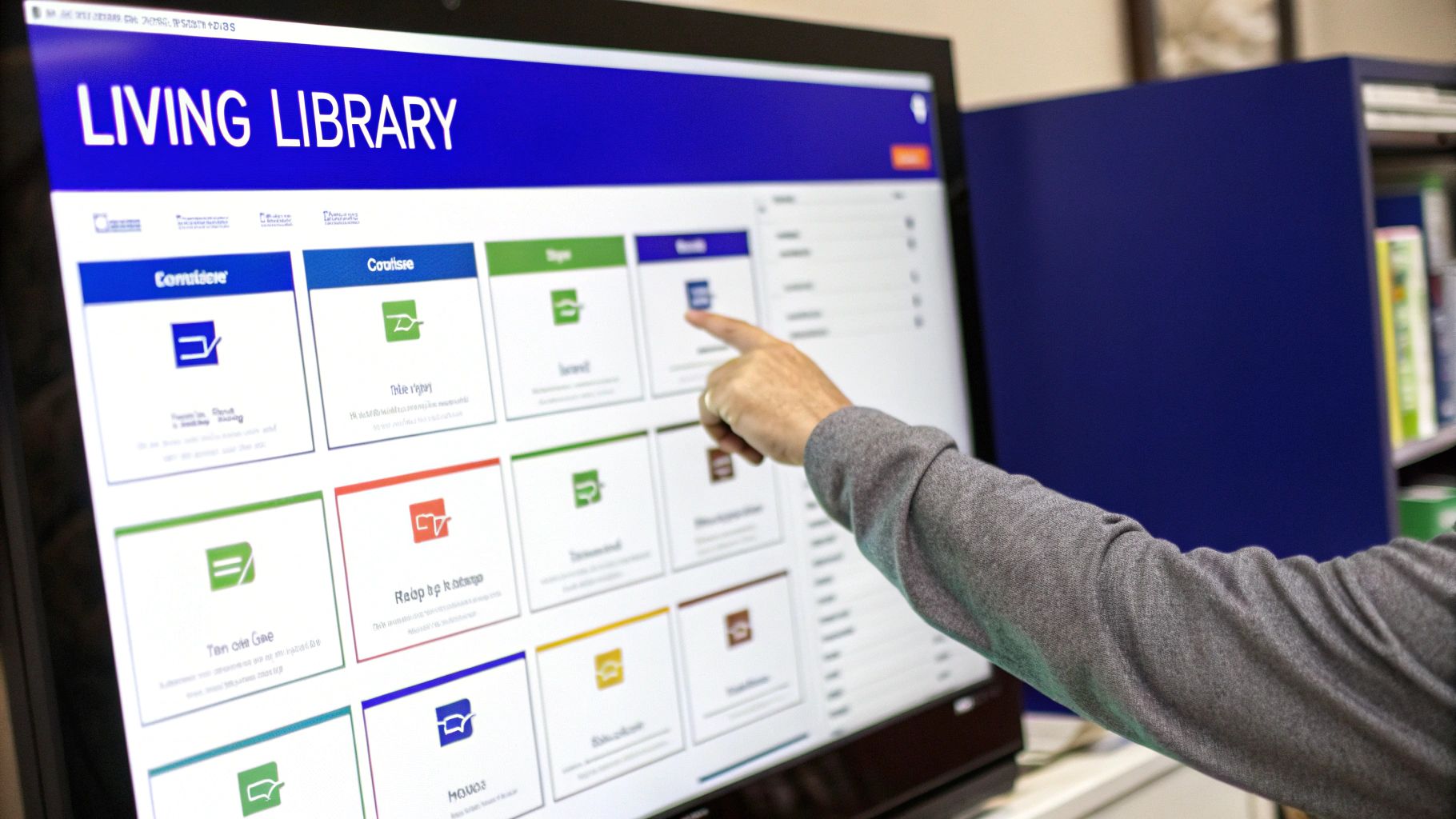 A person's hand points to a large touch screen displaying a digital 'Living Library' interface.