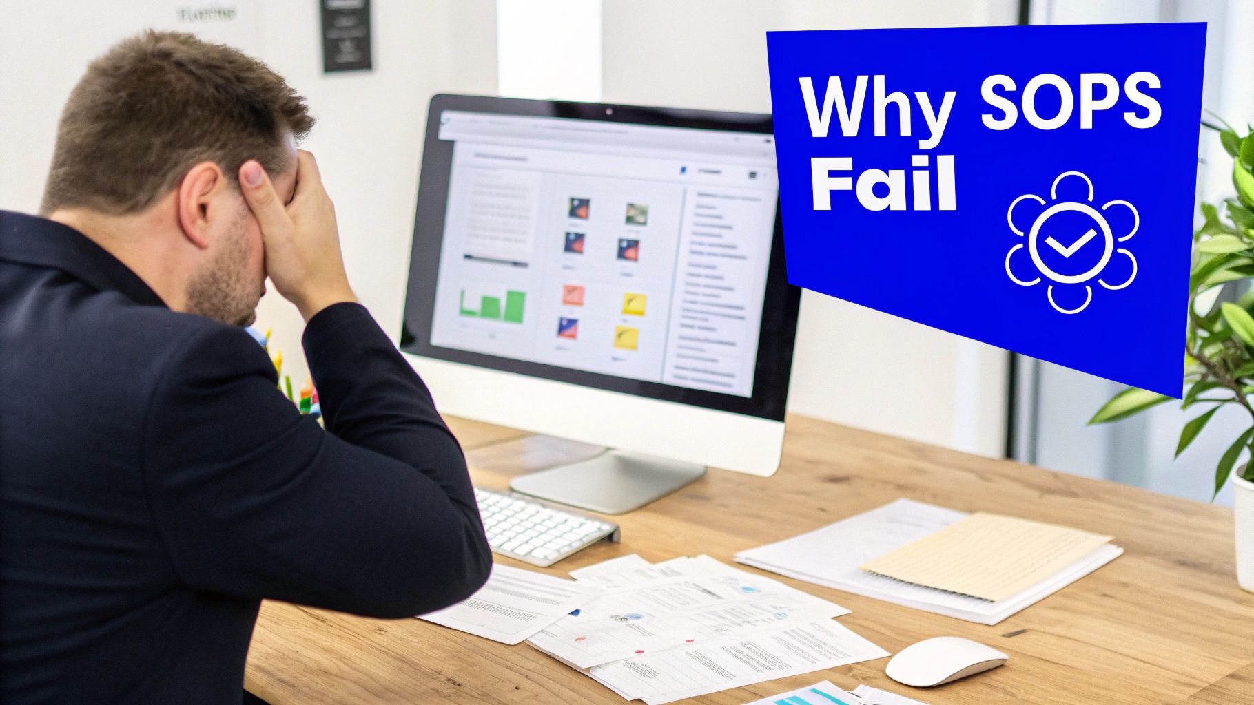 Stressed man at a desk with a computer and papers, next to a graphic 'Why SOPS Fail'.