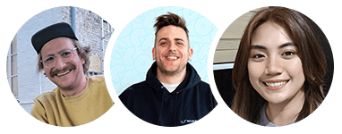 A group of people smiling while documenting processes during employee training, with a blue background.