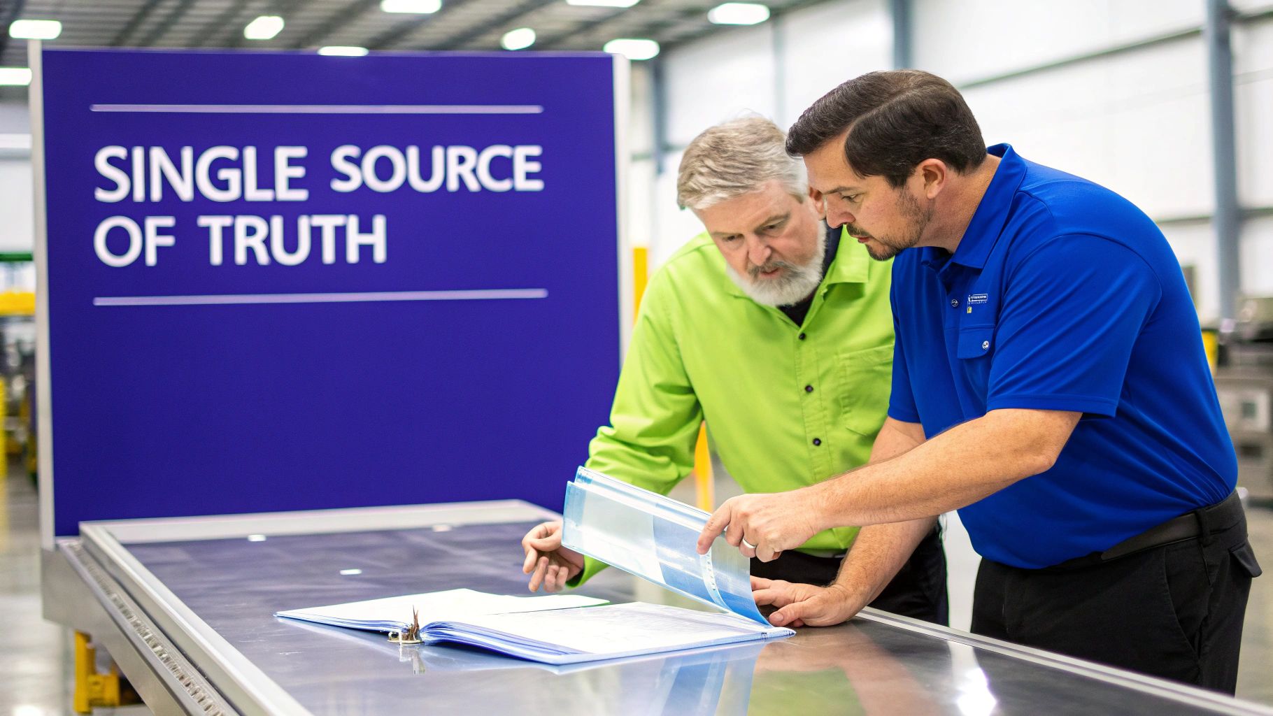 Two men, one in green and one in blue, collaborating and reviewing documents on a table in an industrial setting, with a "Single Source of Truth" sign in the background.