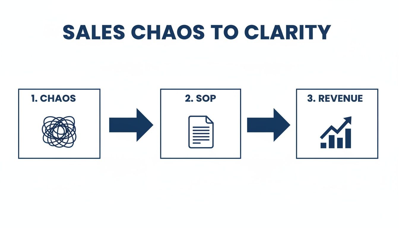 A three-step diagram illustrating sales process from chaos to standard operating procedures leading to revenue growth.