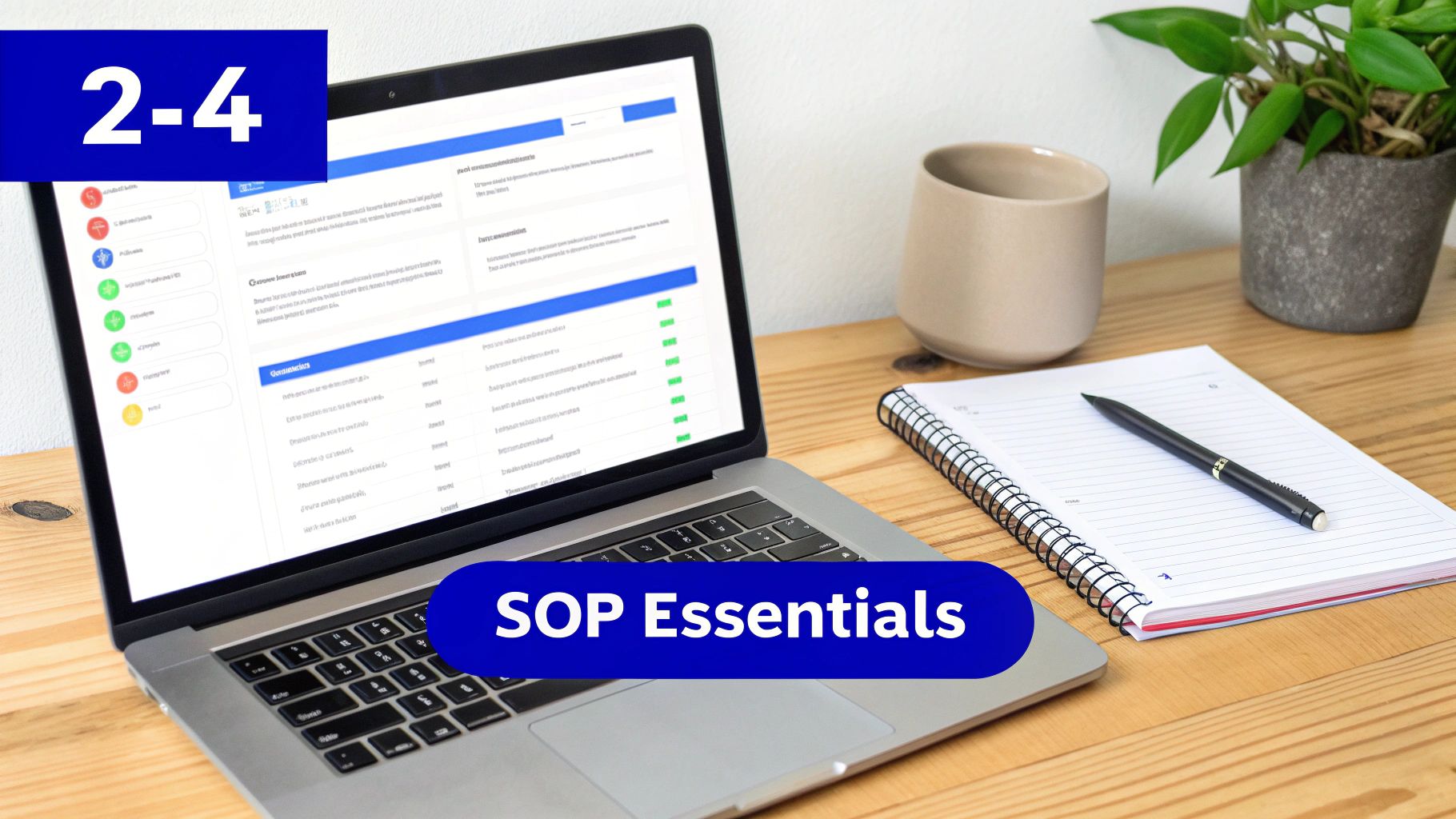 A modern workspace with a laptop displaying a system, a notebook, pen, and 'SOP Essentials' text.