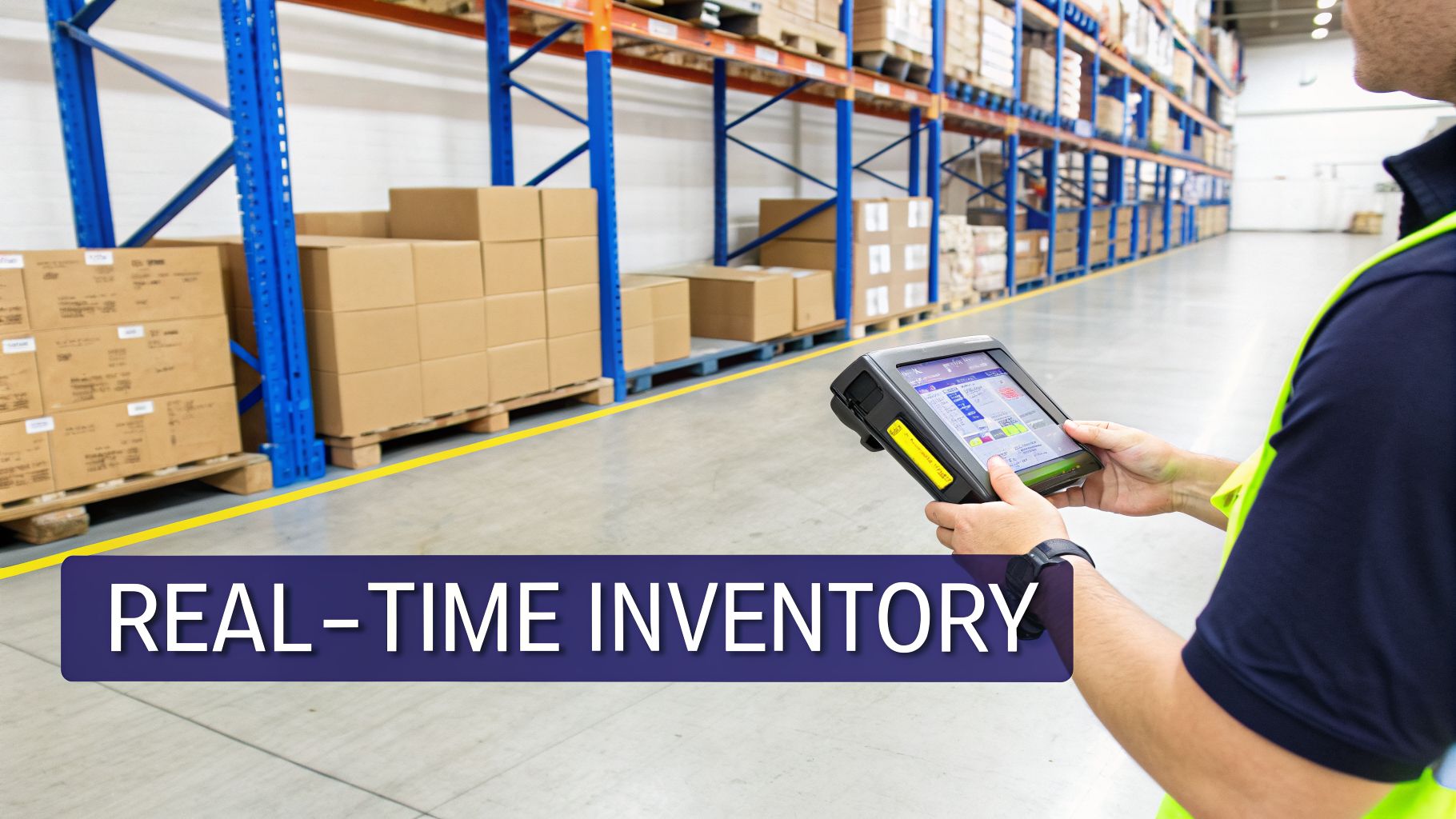 Warehouse employee using a handheld scanner for real-time inventory tracking among shelves of boxes.