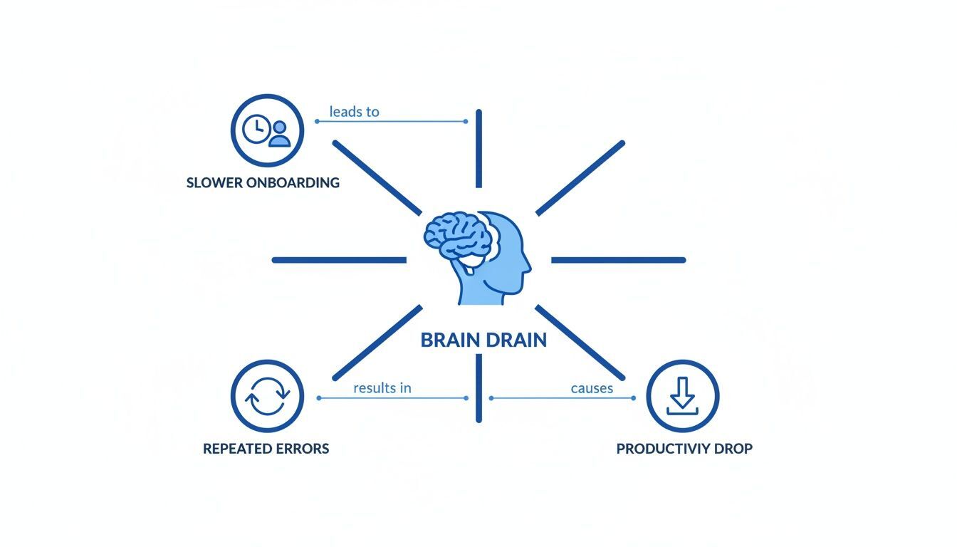 An infographic showing 'Brain Drain' impacts like slower onboarding, repeated errors, and productivity drop.