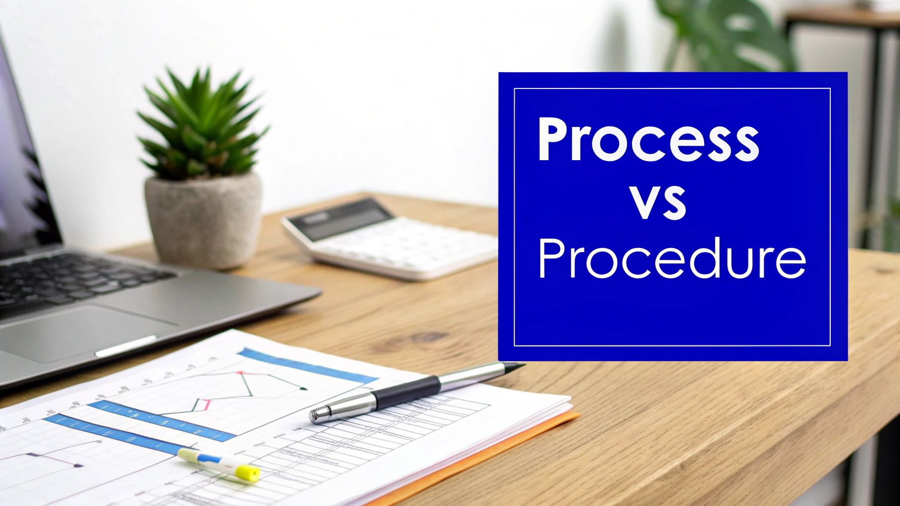 Text 'Process vs Procedure' on a blue box, with a desk, laptop, documents, and pen in the background.