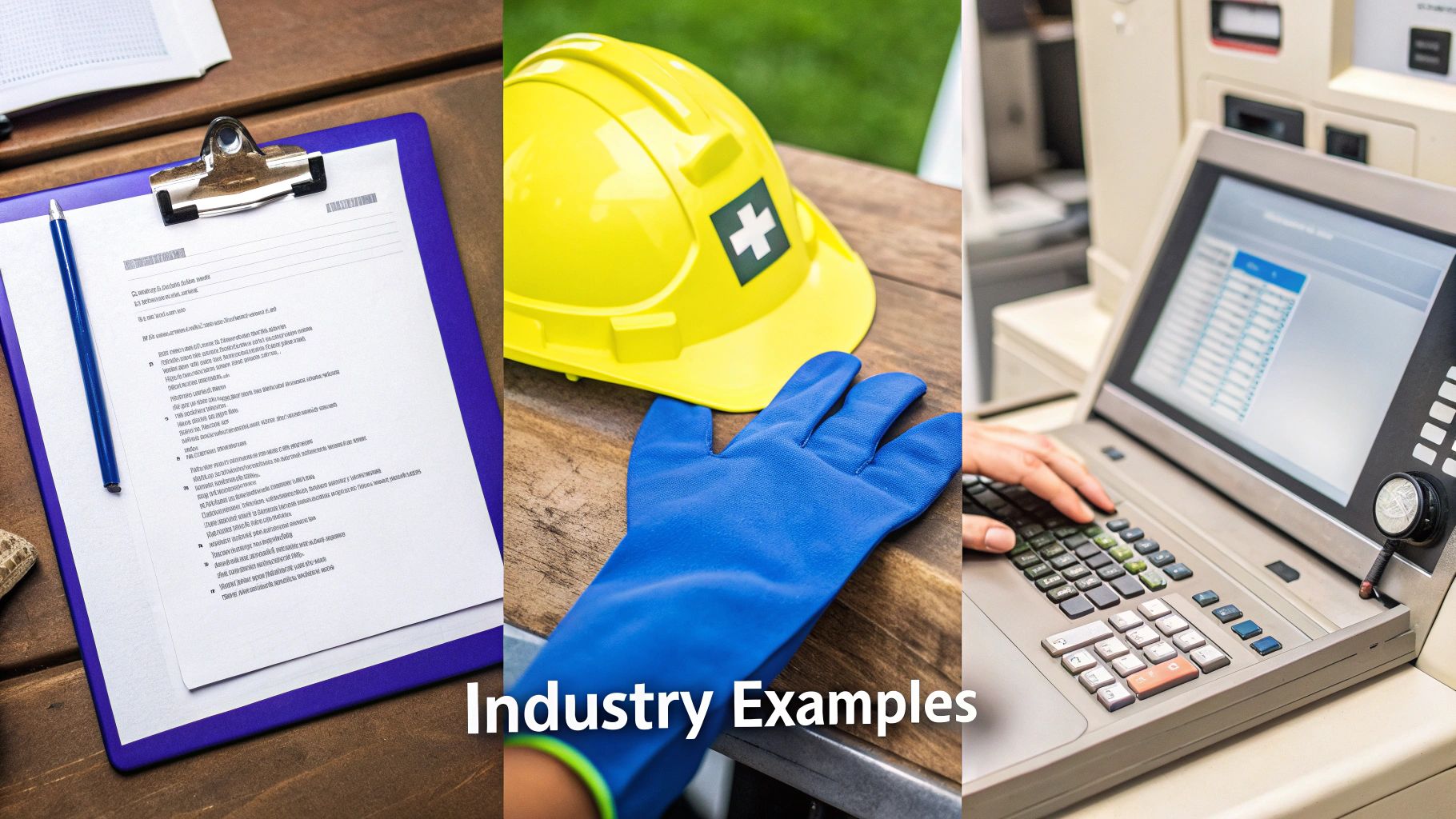 Three panels depicting a clipboard with a document, safety gear, and a person operating a machine.